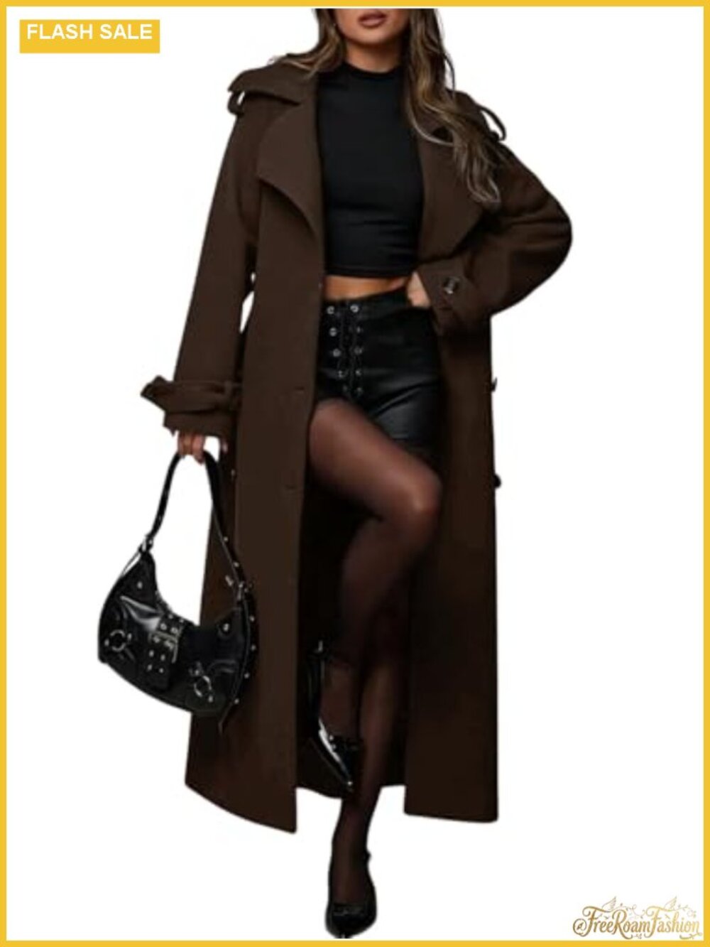 Women's Double Breasted Wool Blend Midi Trench Coat with Removable Belt